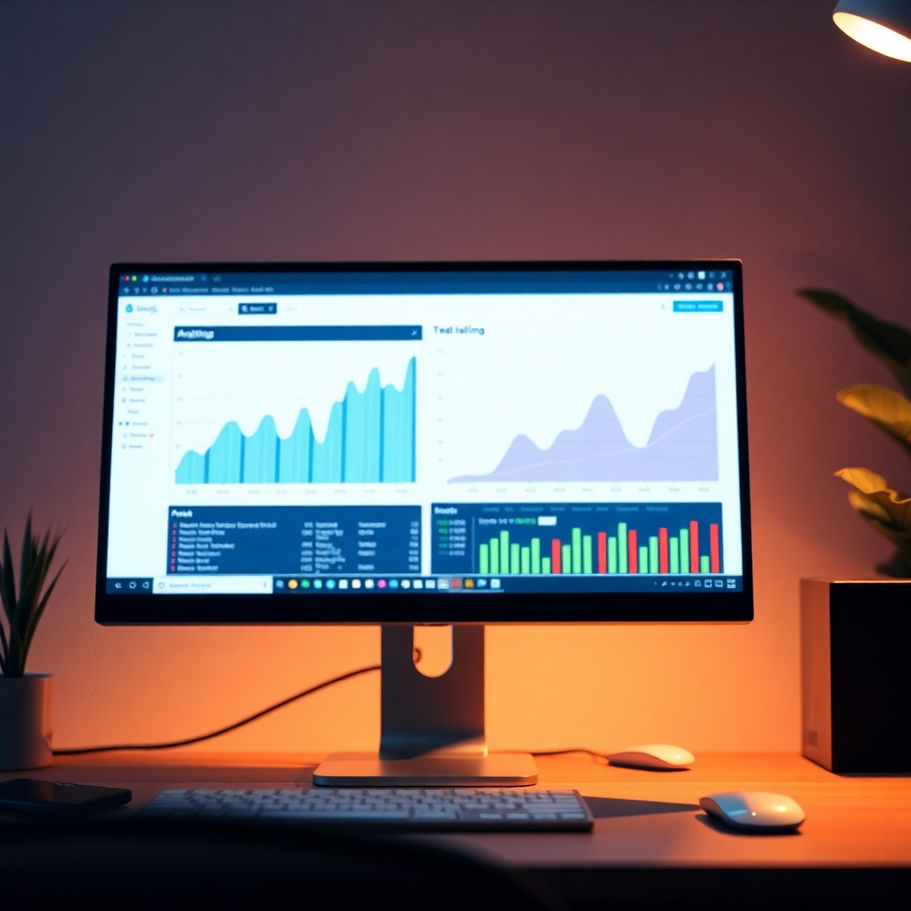 A close-up, photorealistic image of a computer screen with real-time analytics graphs. The lighting is soft, and the atmosphere is focused with a warm tone. The surrounding is minimalistic, emphasizing the screen's importance. Technical specs: crisp and detailed.