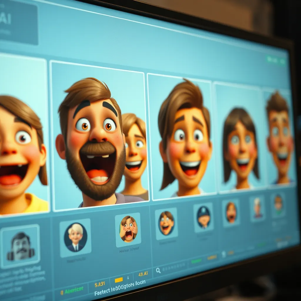 A close-up shot of a computer screen showing an advanced AI interface with animated photos. Illustrate various emotions like surprise and happiness displayed on animated faces, highlighting the realism and detail captured in the animation process.