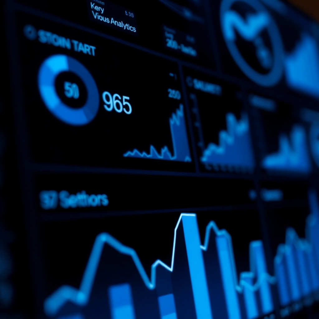 A close-up shot of a visual analytics dashboard displaying key performance indicators. The detailed view captures interactive elements within the design. The lighting is focused and modern, using a minimalist color palette of black and blue. Technical specs: crystal clear.