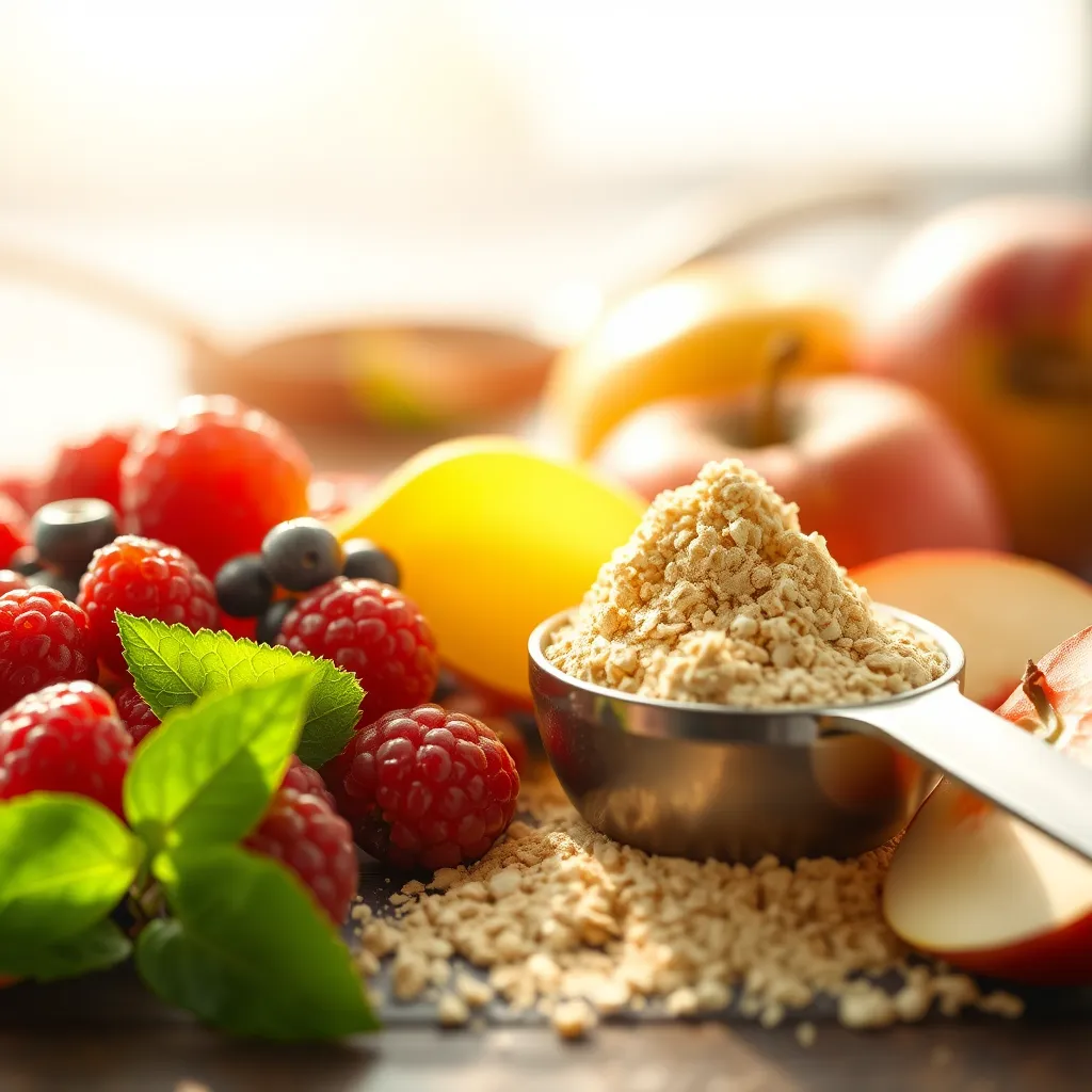 A close-up shot of Sukre powder next to fresh, vibrant fruits like berries and apples, showcasing a balance of nature. The background should include a measuring spoon, with sunlight streaming in, symbolizing health and vitality.