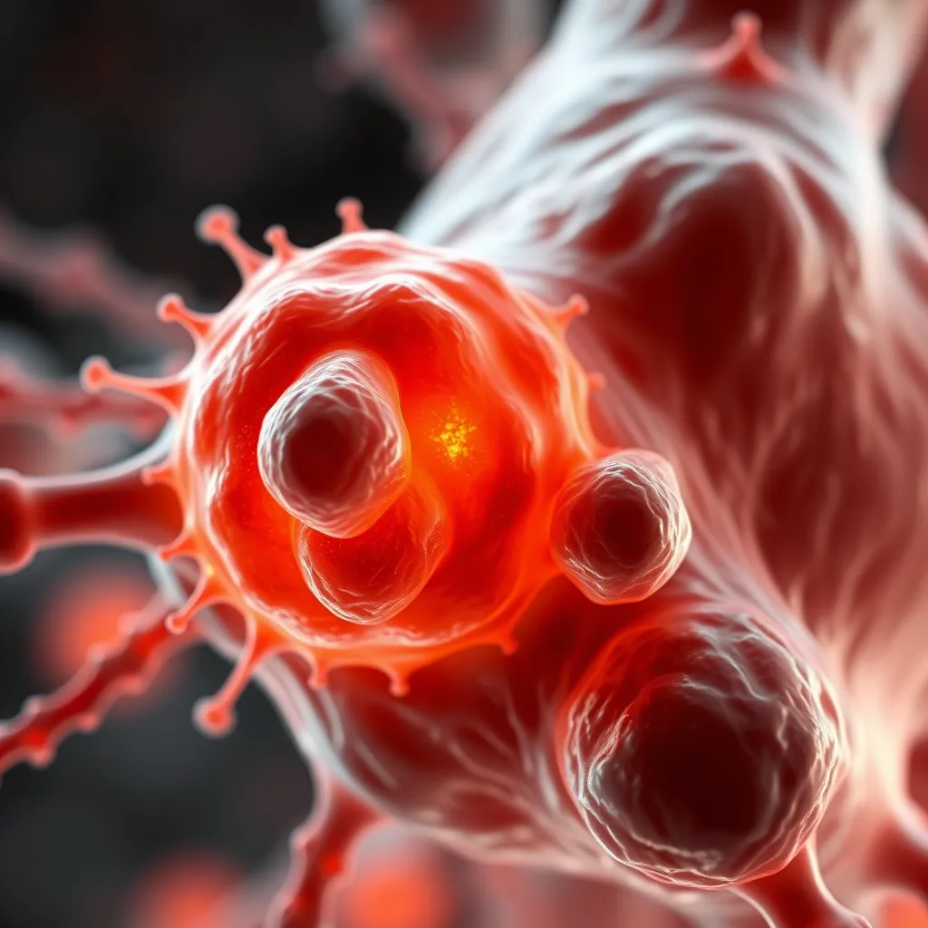 A close-up view of a human cellular structure highlighting brown adipose tissue cells, showing dynamic activity and heat generation. The cells should be illustrated with a light glow to signify increased metabolic activity, surrounded by fat droplets getting smaller.