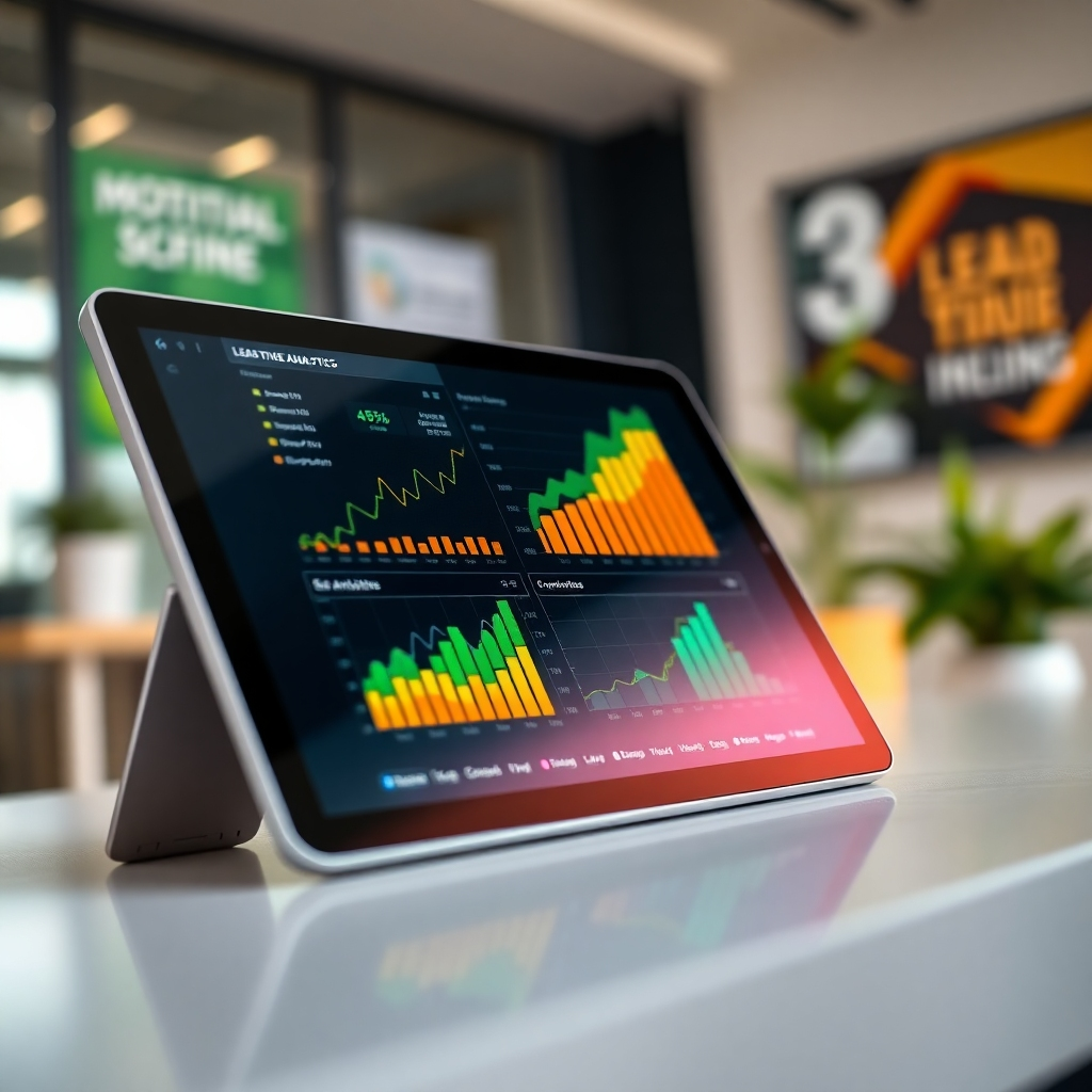 A close-up view of a sleek tablet displaying real-time data analytics for lead generation. The screen shows colorful charts and statistics, illuminated by soft, diffused lighting that highlights the user's focus. The color palette features energetic greens and oranges, symbolizing growth and success. The background is softly blurred, suggesting a modern office environment with greenery or motivational posters. The perspective is slightly angled from above, emphasizing the detailed data on the tablet screen. Textures include a glossy screen and smooth tablet edges, depicting premium quality. The ambiance is inspiring and energetic, captured in hyperrealistic detail, preferably in 8K resolution.
