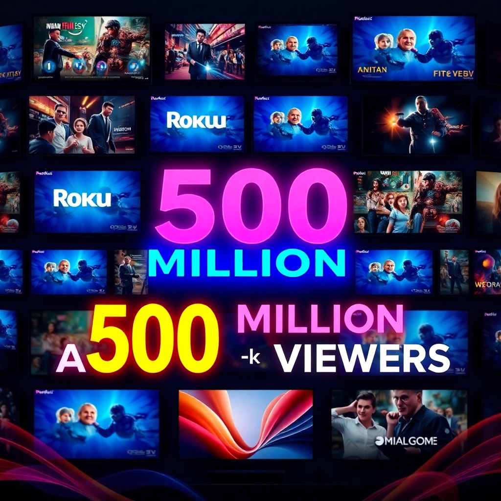 A collage featuring various screens streaming content on Roku and Amazon Fire TV devices, with an overlay of colorful statistics showing '500 Million Active Viewers'. The image conveys a sense of network connection and global reach with dynamic visuals.