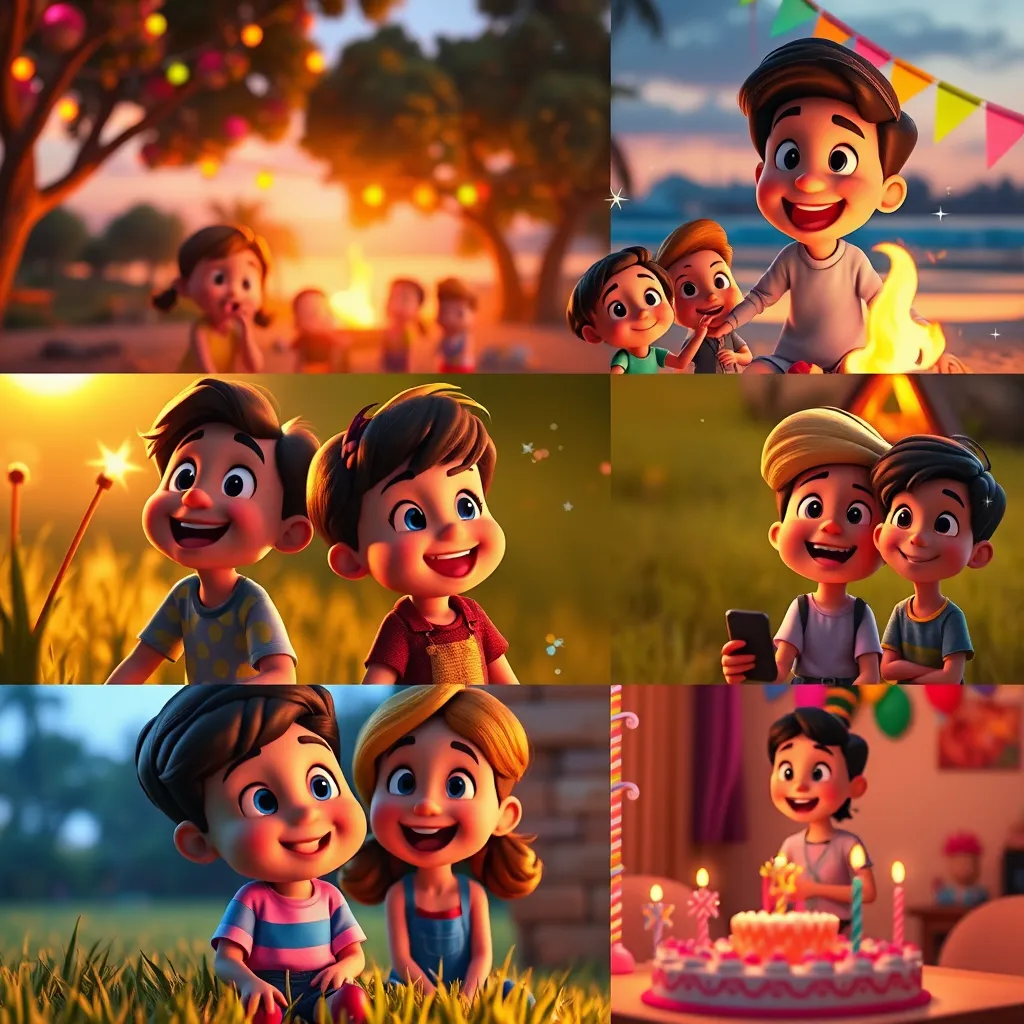 A collage of interactive memory sharing sessions featuring various animated characters engaging with viewers through lively expressions and movements. The composition should consist of diverse settings such as a picnic in a vibrant park, a beach bonfire at sunset, and a birthday party indoors. Each scene is illuminated with soft, warm lighting, creating a joyful atmosphere. The color palette is rich and diverse, as each setting represents different vibrant emotions. The camera angle shifts between close-ups of animated characters' faces and wider shots that reveal the engaging environments. Textures are varied, depicting the softness of grass, the warmth of the fire, and the vibrant decorations at the party. Background elements include animated visual effects, such as sparkles and laughter sound waves, enhancing the interaction. The styling is reminiscent of vibrant and cheerful animated films, captured in hyperrealism with 8K resolution.