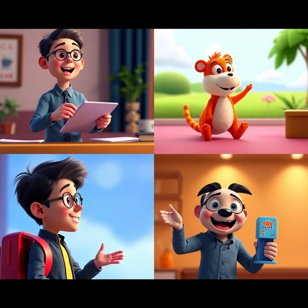 A colorful collage showing various animated scenarios created with the AI technology. Include a human character teaching, an animated animal engaging in a playful scene, and a cartoon figure promoting a product, demonstrating the versatility of animated videos across different contexts. Bright and inviting colors to capture attention.