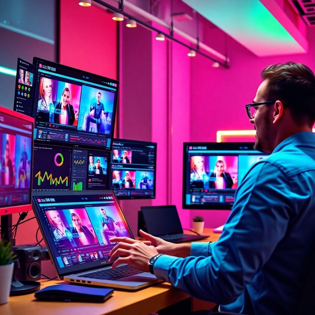A colorful, high-energy image depicting a social media manager scheduling video posts on multiple platforms. Screens showcase dynamic engagement stats and AI analytical tools at work. The setting is modern and stylish, with impactful branding in sight. Bright lighting illuminates the workspace filled with enthusiasm, while vibrant colors draw attention to the engaging graphics on the screens, creating excitement in the atmosphere.