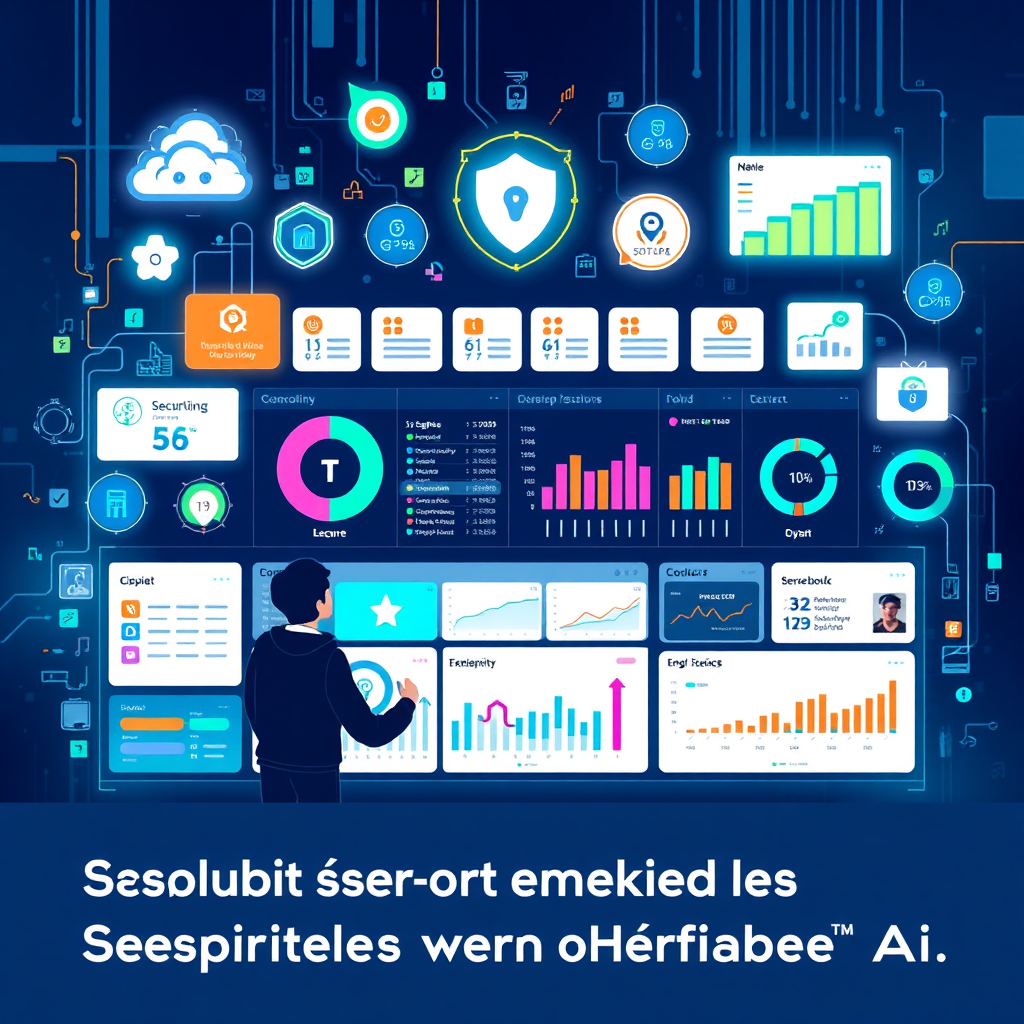A compelling image illustrating the convenience of an all-in-one security dashboard filled with various management tools and metrics. The composition combines vibrant colors and high-tech graphics, showing a user confidently managing their security resources. This dynamic visual embodies Soteria AI’s philosophy of simplifying security management.
