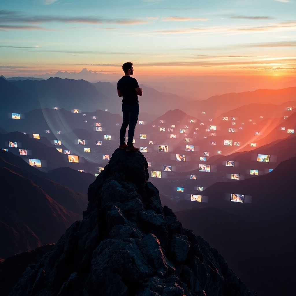 A compelling image illustrating a figure standing confidently on a mountain peak, overlooking a valley filled with dynamic, flowing videos projected across the landscape. The lighting is dramatic, suggesting dawn—the start of new possibilities. The vivid colors contrast sharply with dark mountains, symbolizing the potential of mastering instant profits in the niche. The camera angle captures the vastness and grandeur of the scene, providing inspiration.