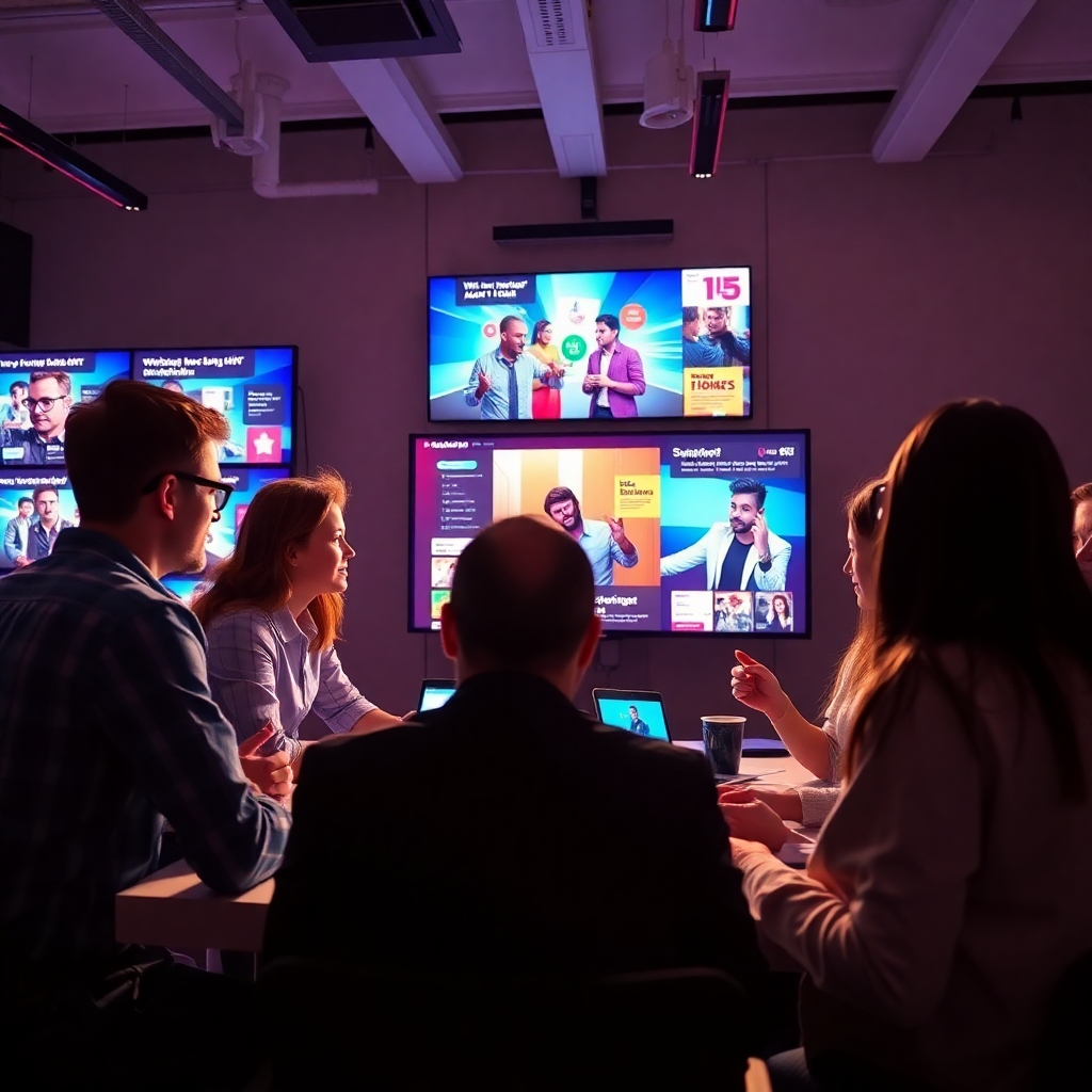 A compelling image showcasing a marketing team brainstorming promotional ideas with digital advertising visuals on screens around them. Bright, energetic lighting creates an inspiring atmosphere, echoing vibrant marketing themes. Technical specs: 4K resolution, high quality.