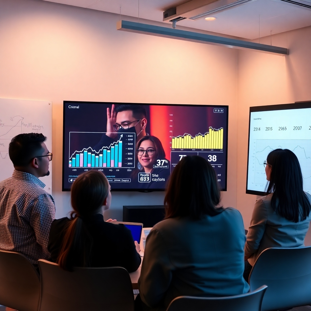 A compelling visual of a creative team analyzing video performance metrics displayed on large screens. The lighting setting is conducive to collaboration, featuring soft yet focused illumination. The color palette reflects professional tones, appearing analytical yet friendly. Surroundings include whiteboards with strategy outlines, representing a blend of creativity and analytics. Textures should reflect a dynamic workspace where innovative decisions are made.