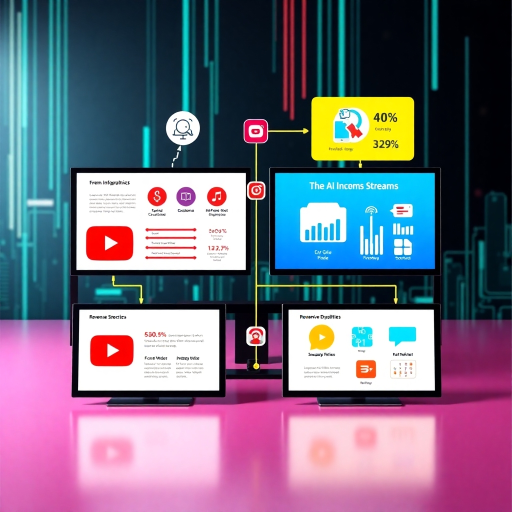 A comprehensive visual representation of various revenue streams stemming from AI video production. The image should illustrate infographics on screens with icons representing various platforms like YouTube, social media, and streaming services. Bright, engaging colors contrast against a sleek, tech-inspired background, conveying the idea of dynamic income opportunities. Shot in bright studio lighting, this scene aims for clarity and high definition in 4K resolution.