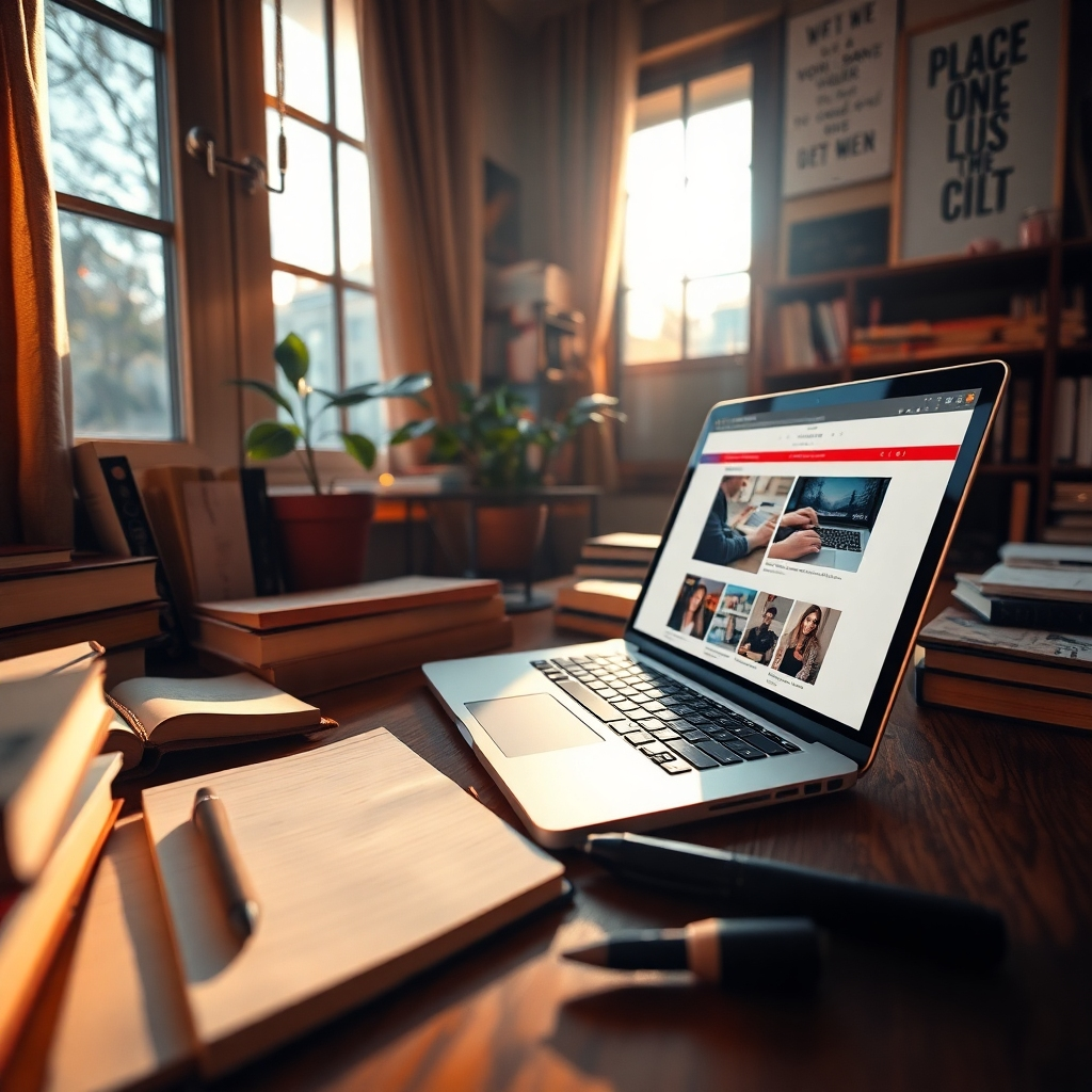 A cozy, inviting writer's corner filled with books, notes, and a laptop open to a blog editing page. Warm, golden-hour lighting streams through a nearby window, creating a nostalgic and motivating atmosphere with a color palette of warm earth tones. The camera is at eye level, capturing the scene in a way that invites the viewer to step into the world of a content creator. The textures of the wooden desk, the softness of a notebook, and the sleekness of the laptop are vividly depicted. Background details include a potted plant and inspirational quotes on the wall. This image should have an ultra-detailed finish in 8K resolution, evoking creativity and productivity.