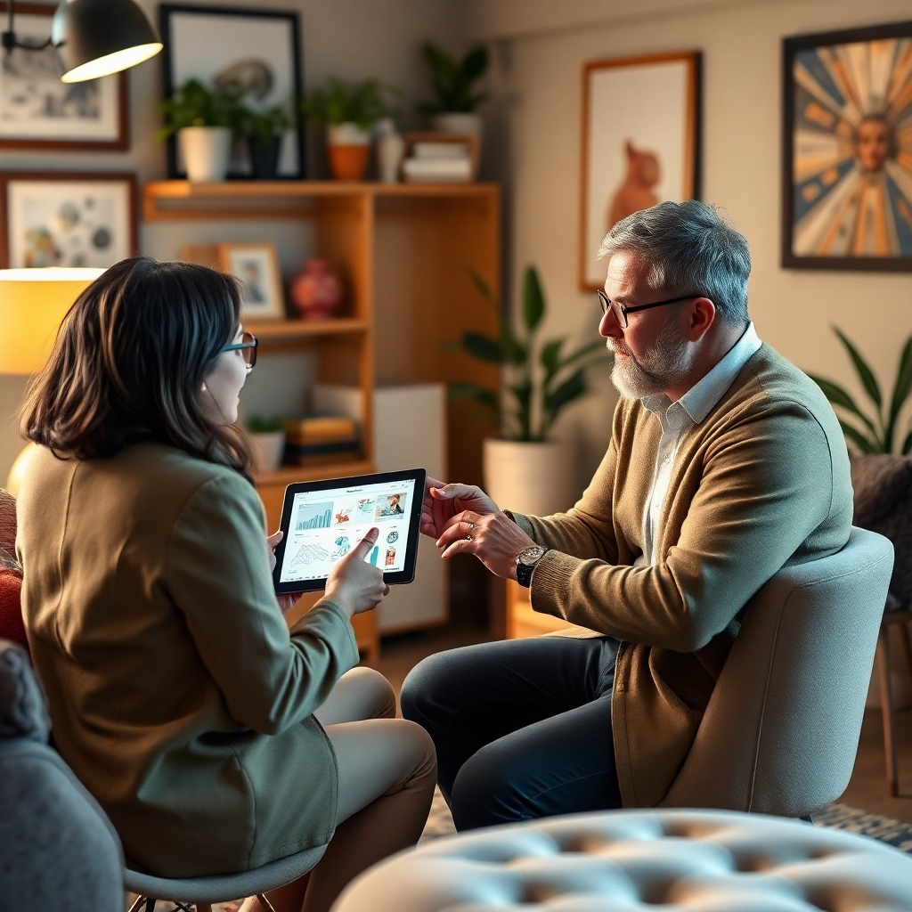A cozy consultation room where a creative director engages with a client, discussing strategies over a digital tablet sharing visual aids. The setting should feel warm and inviting, filled with inspiring decor. Soft lighting and colorful accents enhance the atmosphere, while quality textures provide depth. This scene should embody the essence of innovation through high-quality imagery.