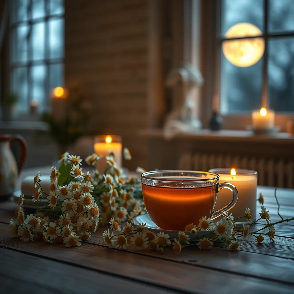A cozy evening scene featuring a steaming cup of chamomile tea on a wooden table, surrounded by fresh chamomile flowers and calming candles. Soft lighting creates a tranquil atmosphere, with a background featuring a moonlit window, emphasizing relaxation and peace.
