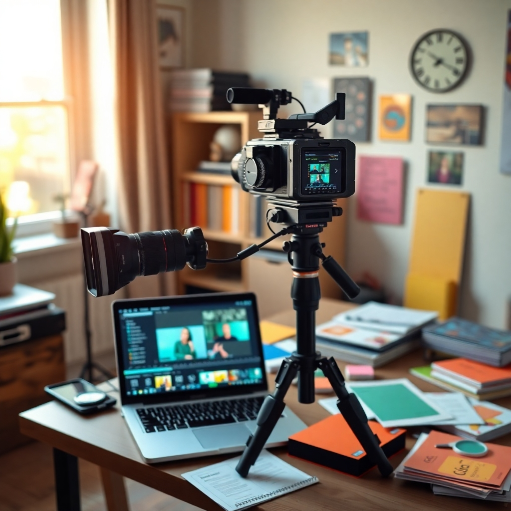 A cozy home office with a professional-looking camera set up, a laptop displaying video editing software, and colorful course materials scattered around. Natural light shines through a window, creating an inviting atmosphere focused on creativity and productivity.