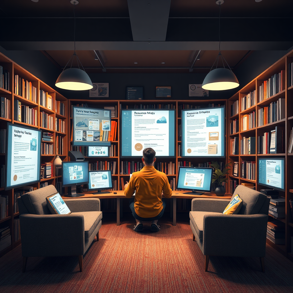 A cozy image showing an entrepreneur browsing through a digitally created library filled with resources on multiple screens. The environment is modern and tech-savvy with digital interfaces projecting helpful tools. Ambient carpet tones and gentle lighting create a comfortable workspace. Rendered in high-quality resolution, this scene represents the accessibility of resources.