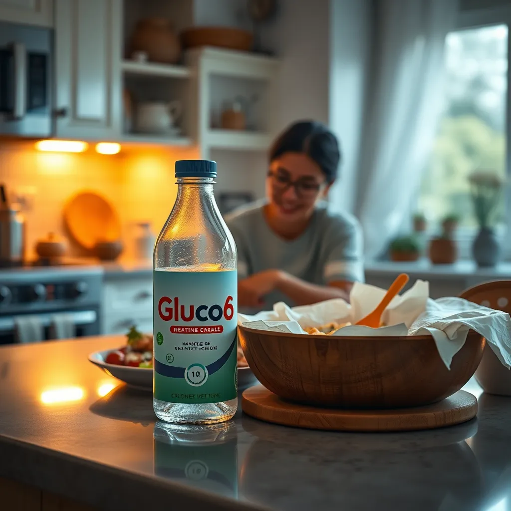 A cozy kitchen setting with a bottle of Gluco6 prominently displayed on a countertop next to a healthy meal. The scene should radiate warmth, showcasing a person enjoying a balanced meal, symbolizing a sustainable lifestyle choice.