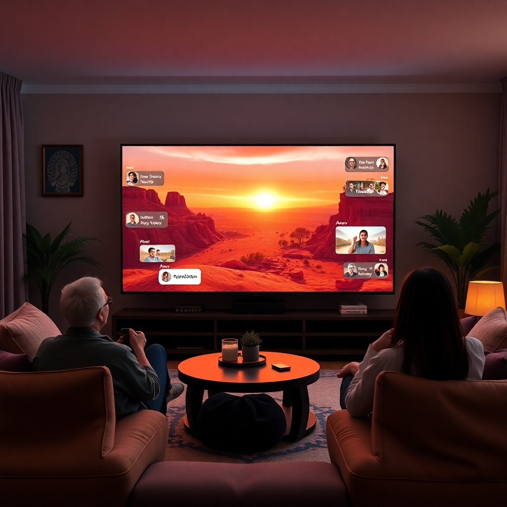 A cozy living room scene with people watching a large TV that displays live video content. Include visible chat bubbles and user engagement graphics around the screen, creating a sense of interactivity and community.