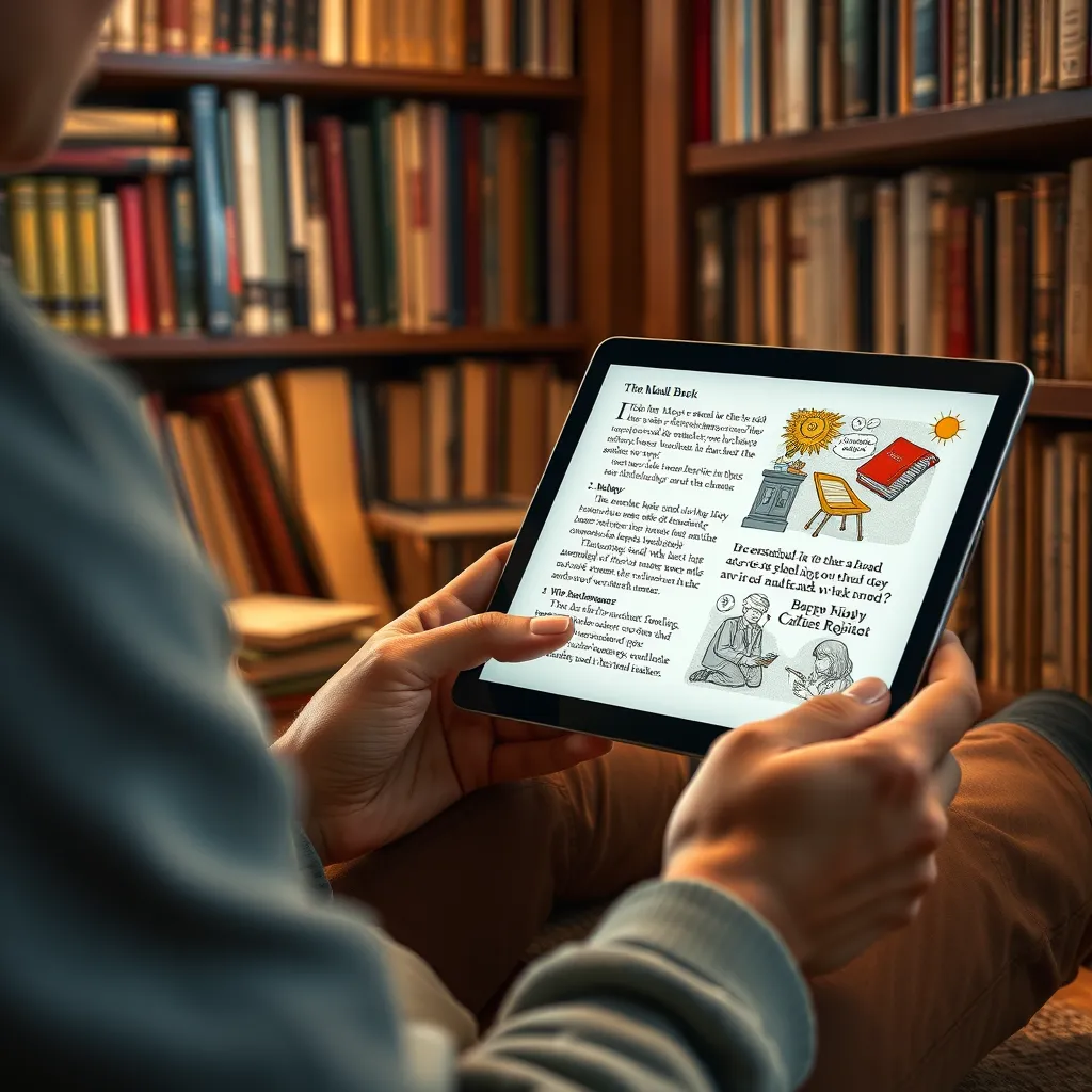 A cozy reading nook with a person engaging with an interactive e-book on a sleek tablet, featuring highlighted text, clickable buttons, and vibrant illustrations. The background shows bookshelves filled with traditional books, blending old and new reading experiences.