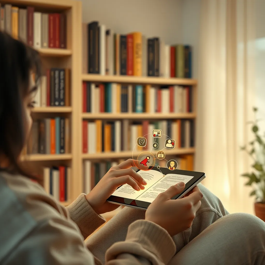 A cozy reading nook with a person interacting with an AI interactive book on a tablet, featuring animated graphics and clickable elements. The background is bright and inviting, showcasing a bookshelf filled with traditional books, contrasted by the modern device.