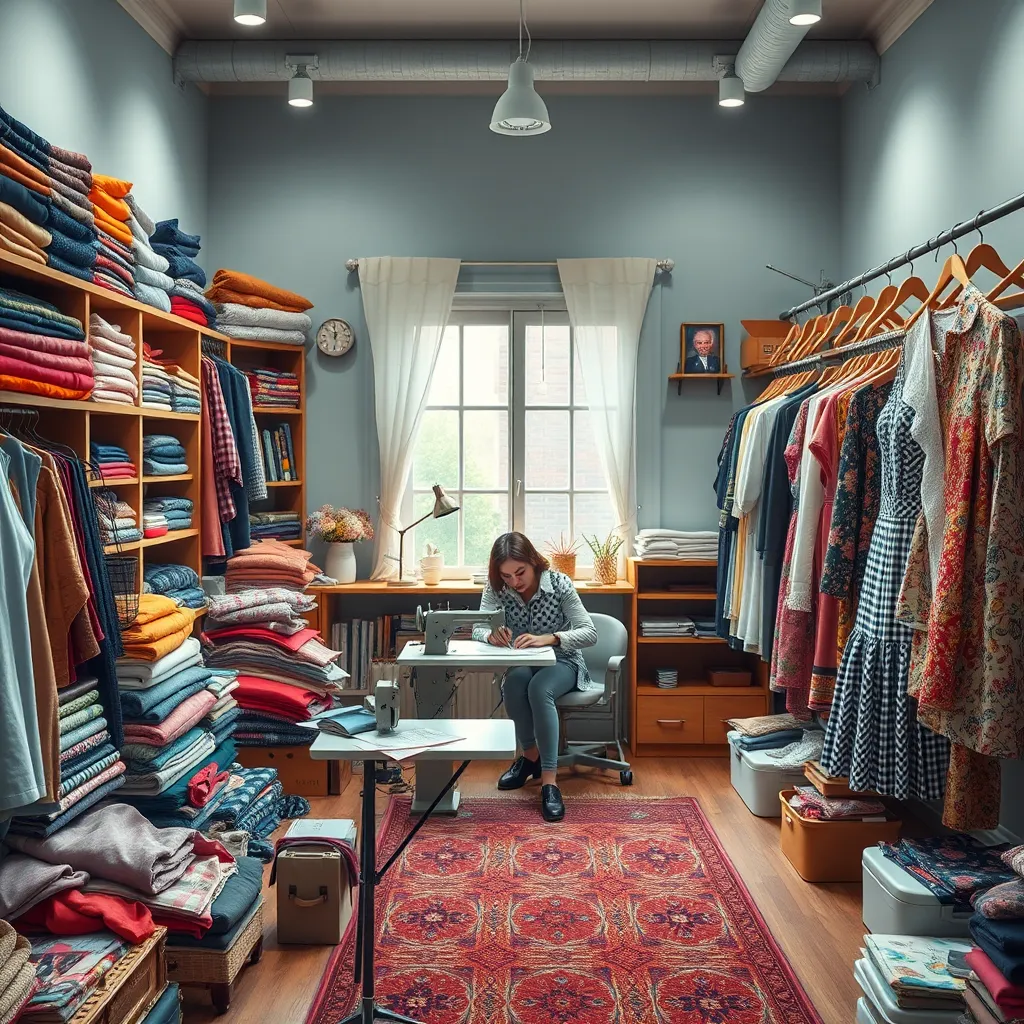 A cozy sewing studio interior filled with colorful fabrics, a sewing machine in the center, a designer sketching a unique clothing pattern, and various completed garments displayed around, showcasing creativity and individuality.