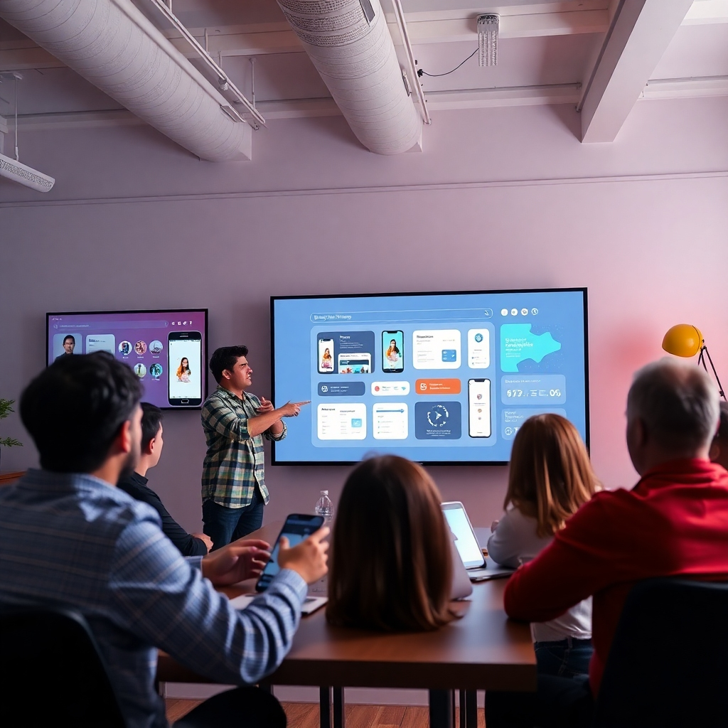 A creative branding session with individuals brainstorming over a digital presentation showcasing app designs and marketing strategies. Include dynamic visuals of app interfaces and effective branding concepts, with lively interaction among team members.