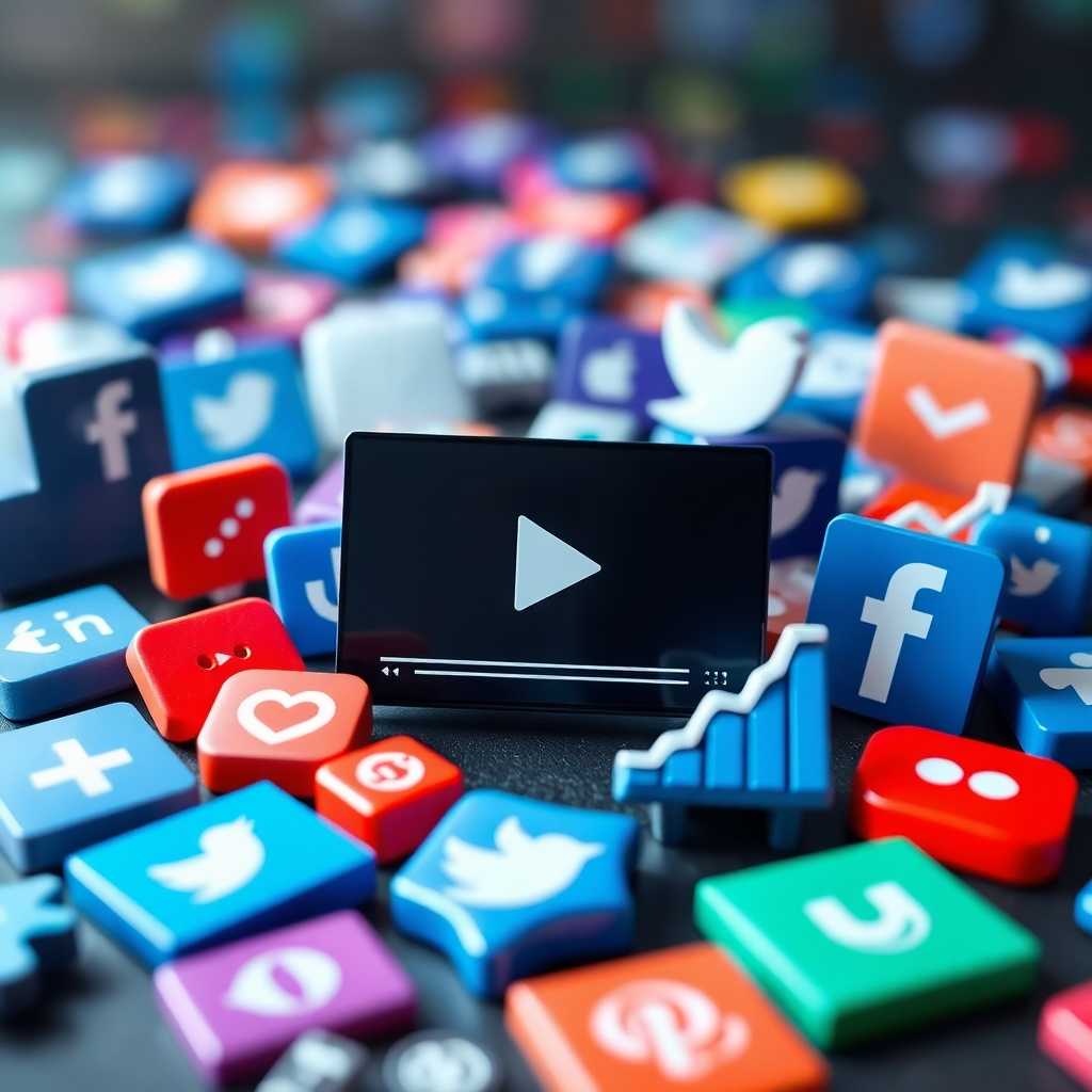 A creative depiction of video thumbnails, social media icons, and analytics charts arranged together, portraying the optimization process. The background should be a colorful mix reflecting various social platforms. Soft lighting creates a collaborative atmosphere, showing engagement and connection. A medium shot captures the interaction among the elements. This high-quality image should reflect the potential reach of optimized content.