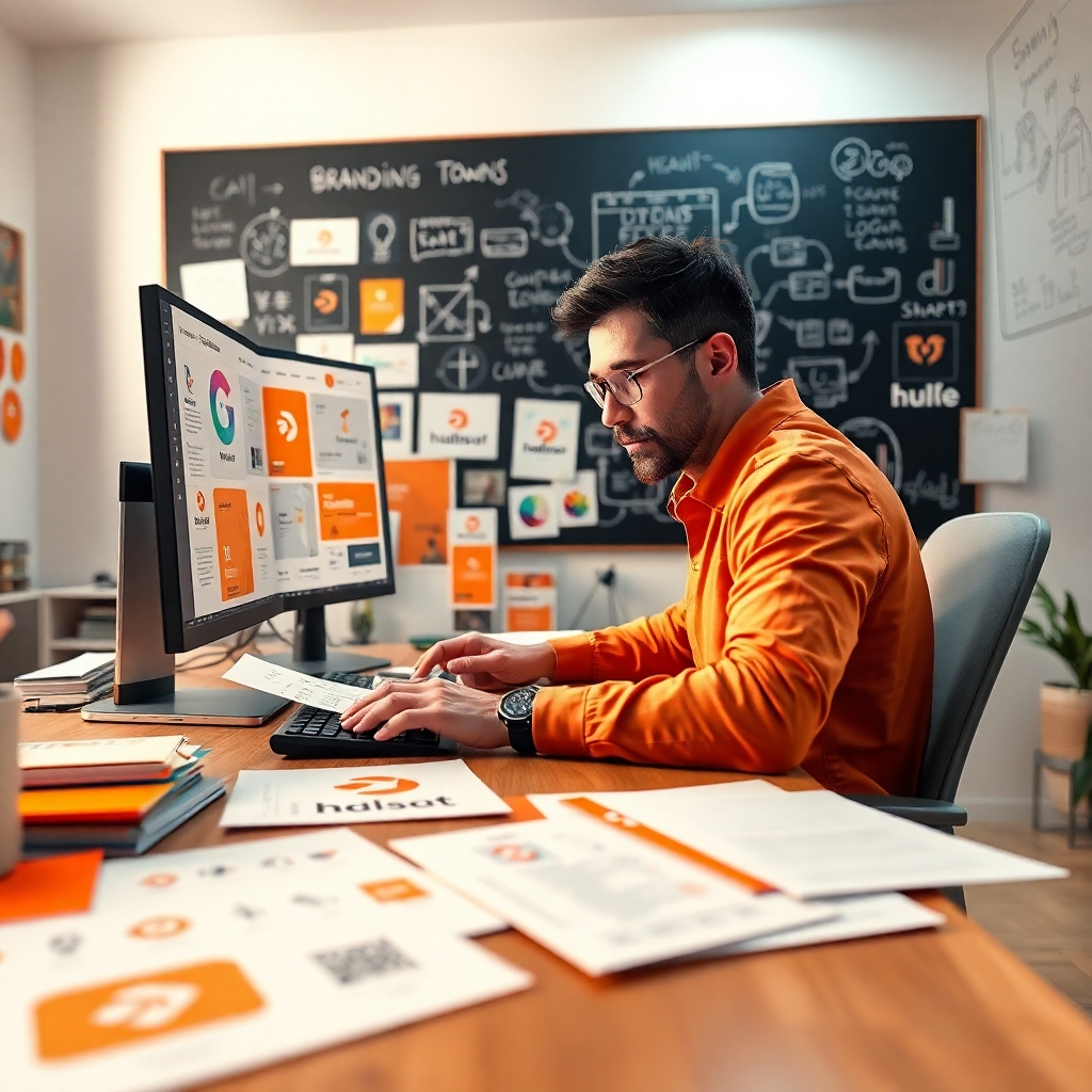 A creative designer working at a desk filled with branding materials, like logos, color swatches, and typography guides. The setting features soft diffused lighting, enhancing the creative vibe, with a color palette dominated by vibrant oranges and gentle whites. The camera is positioned at eye level to capture the designer's focused expression as they utilize branding templates on a high-resolution monitor. Textures include sleek paper, glass surfaces, and fabric swatches. The background showcases a chalkboard with brainstorming notes and sketches, adding a tactile element to the scene. Influences from contemporary graphic design aesthetics should be evident, creating an inspiring and dynamic atmosphere. The image should be ultra-detailed, showcasing every element in 8K resolution.