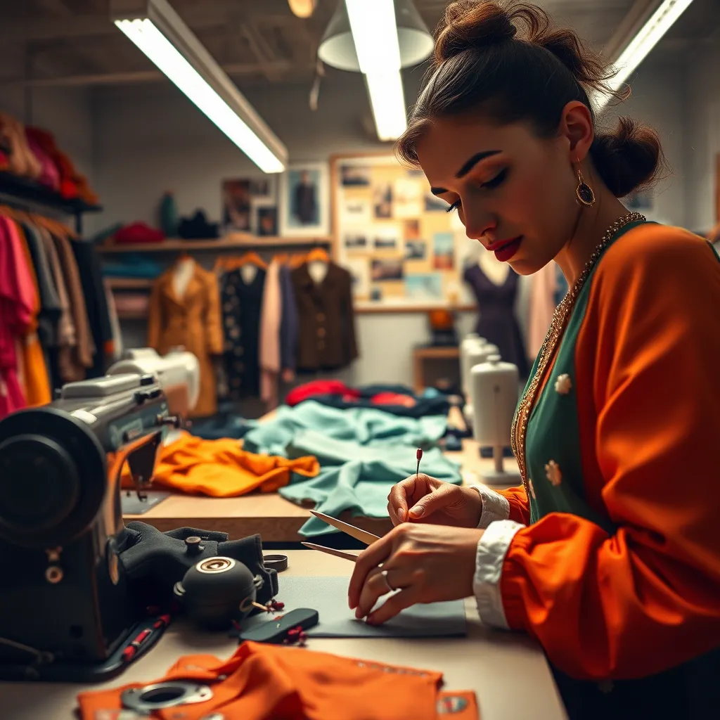 A creative sewing studio where a fashion designer is reconstructing vintage clothing into modern outfits. The scene is filled with half-finished pieces on tables, showcasing an eclectic mix of fabrics and embellishments. Soft overhead lighting casts a warm glow across the workspace, highlighting the designer's focused expression. The color palette features bold and contrasting colors, adding energy and vibrancy to the mood. The camera angle is a close-up of the designer's hands working with scissors and pins, emphasizing the craftsmanship. In the background, a mood board with inspiration clippings and vibrant fabrics enhances the artistic environment. The scene is presented in an ultra-detailed 8K resolution, capturing the textures and intricacies of the fabrics and tools.