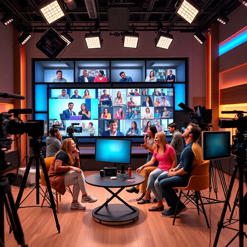 A creative team working enthusiastically in a modern studio, surrounded by cameras, screens, and editing equipment. Show vibrant graphics displaying show ideas, with diverse individuals collaborating passionately. The background features a large screen with viewers watching at home.