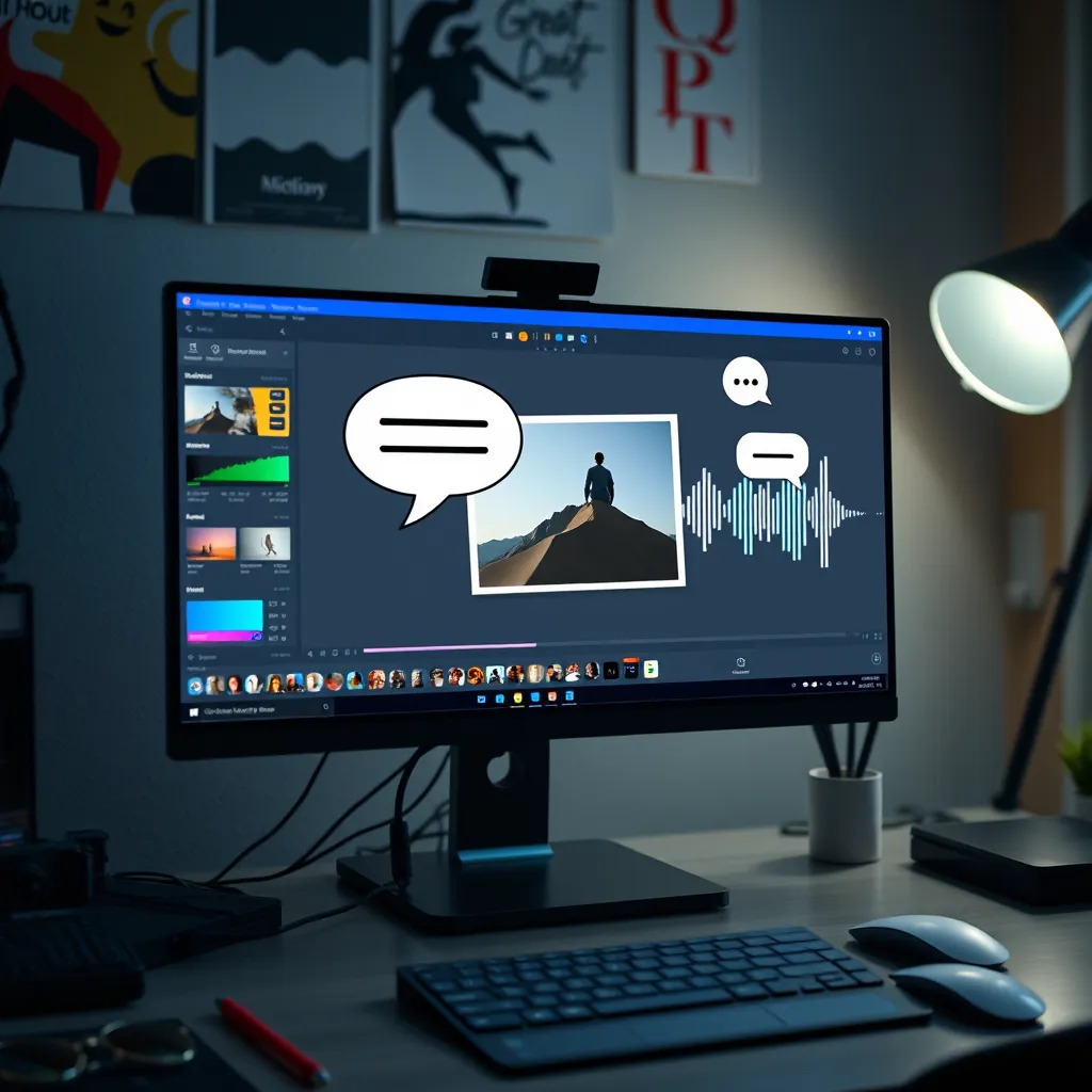 A creative workspace with a computer displaying a photo editing software that shows a colorful interface. On the screen, a photo transitions from a static image to a talking image with animated speech bubbles and sound wave graphics.