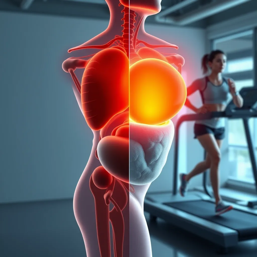 A detailed anatomical illustration showing the difference between brown adipose tissue (BAT) and white fat. Brown adipose tissue should be highlighted with a warm, glowing effect to signify heat generation. Additionally, include a fit person jogging on a treadmill in the background to symbolize active metabolism.