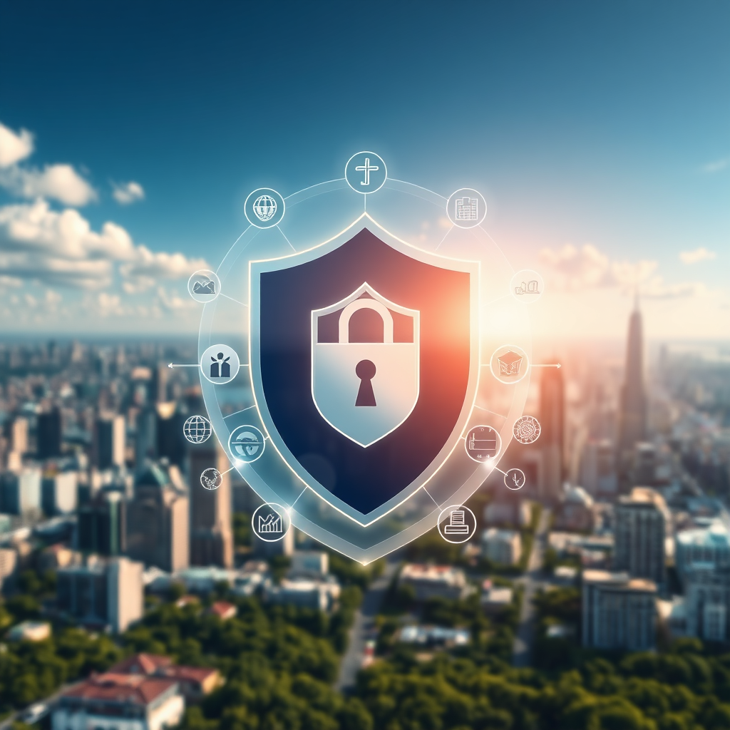 A detailed image illustrating a comprehensive security shield surrounding a digital landscape. The shield features icons representing various protective measures, set against a high-resolution cityscape. The lighting is bright and optimistic, portraying a secure environment. This visual effectively communicates the all-encompassing nature of Soteria AI’s services.