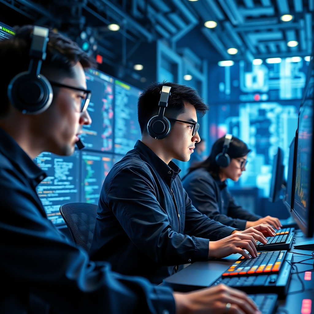 A detailed image of engineers developing a state-of-the-art visual engine in a modern, tech-filled environment. The lighting is bright and focused, showcasing screens filled with code and Ghibli-inspired designs. The color palette is sleek, using deep blues and vibrant accents. The textures emphasize the technology aspect, with sleek surfaces and intricate digital interfaces, creating a high quality ambiance.