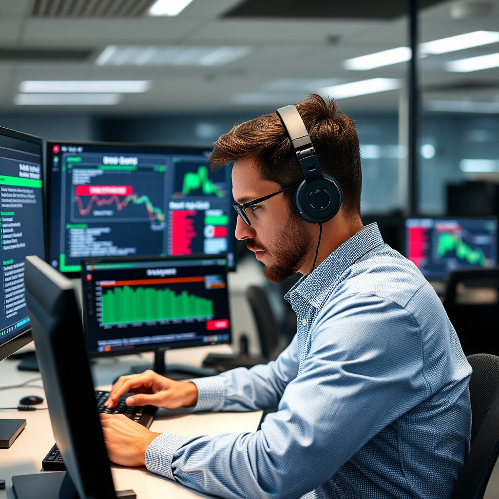 A detailed image showing a cybersecurity professional conducting a vulnerability assessment using specialized tools. The environment is a modern office with multiple screens displaying warnings and metrics. The focus is on the professional's concentration, reinforcing the importance of proactive security measures.