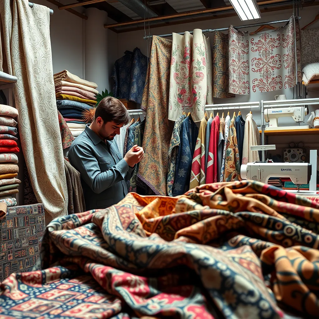 A detailed photorealistic image featuring a variety of high-quality fabrics displayed in a sewing studio, showcasing intricate textures, colors, and patterns. Include a designer inspecting the fabrics, with sewing tools and machines in the background.