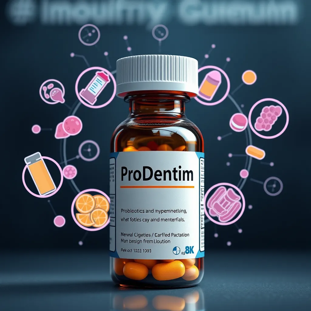 A detailed photorealistic image of a medicine bottle labeled 'ProDentim'. Surrounding the bottle are illustrated icons of probiotics, vitamins, and minerals, interconnected in a dynamic, rotating fashion, symbolizing the blend of essential nutrients and beneficial bacteria.