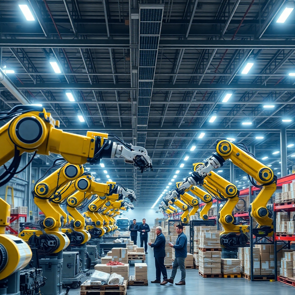 A detailed photorealistic image of a busy warehouse with robotic arms and AI systems managing logistics. Bright overhead lights illuminate the space, where workers collaborate with machines, illustrating the seamless integration of technology in business operations.