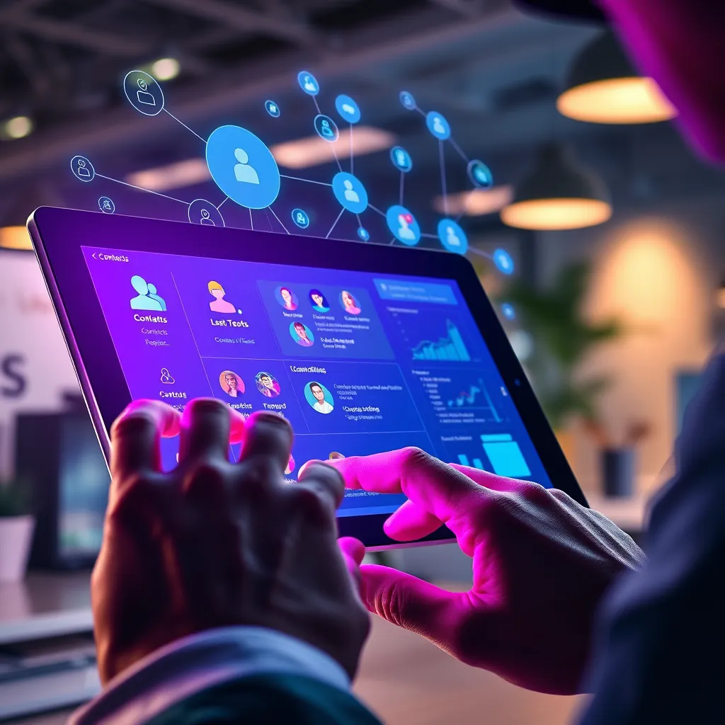 A detailed scene illustrating the effectiveness of list building through a touchscreen device displaying a colorful interface of contacts and segmentation tools. The composition features hands interacting with the screen while digital flows of connections manifest around it. Dramatic side lighting emphasizes the importance of the interaction, while a color palette combining rich purples and soft blues instills a sense of trust and professionalism. The camera angle is close-up, focusing on the interaction, while textures of smooth glass and polished metal reflect sophistication. Surrounding the device are visual cues like charts and metrics symbolizing success, with a softly lit workspace background. The environment gives the feel of a high-tech office, all showcased in hyperrealistic, ultra-detailed 8K resolution.