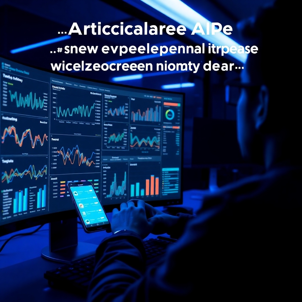 A detailed visual portraying a user examining various traffic flow charts on a computer screen. The environment is modern and sleek, with dim blue lighting focusing on the bright graphics of the traffic data. The scene evokes analysis and forecasting, symbolizing how Articalize APP empowers users with in-depth insights.