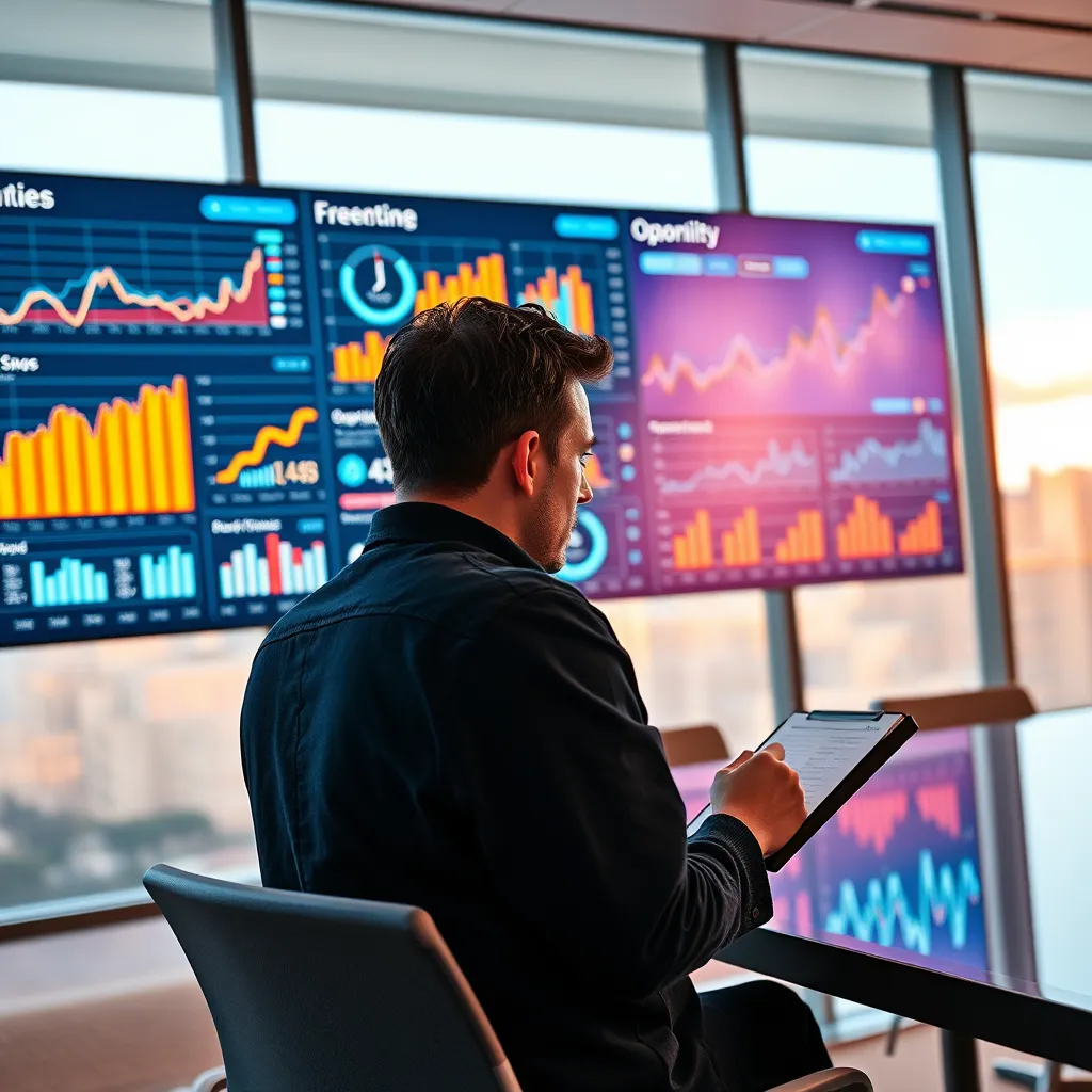 A digital analytics dashboard showcasing performance graphs and metrics on a large screen. A person is deeply focused, taking notes on a notepad, surrounded by charts and data visualizations that demonstrate growth and opportunity, set in a modern conference room.
