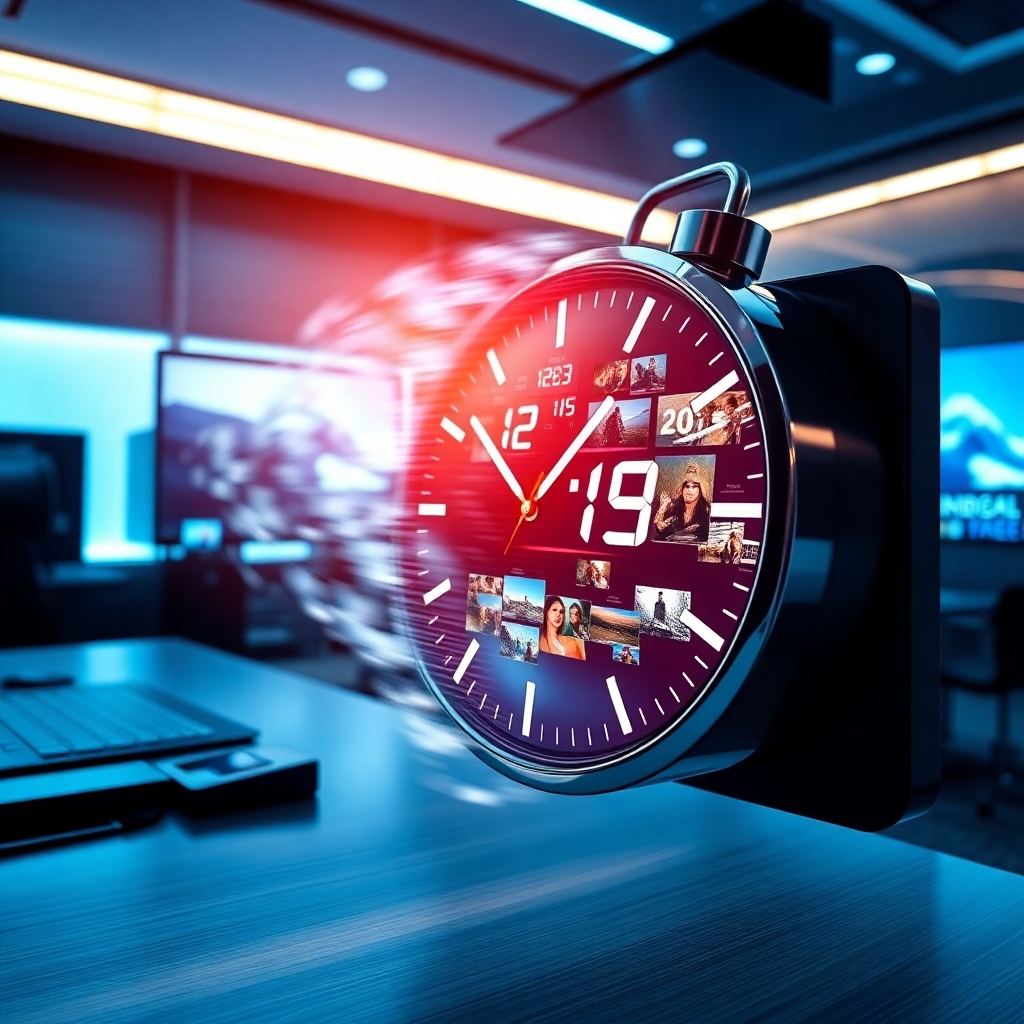 A digital clock symbolizing speed, integrated with flowing video clips transforming in real-time on a screen. The backdrop is a sleek, modern editing suite featuring high-end technology. The lighting is bright with cool tones contrasting warm highlights, creating an energetic vibe. A close-up of the clock and screen shows the rapid transitions, inviting focus on the video editing process. Photorealistic representation should amplify the concept of speed and efficiency in transforming content.