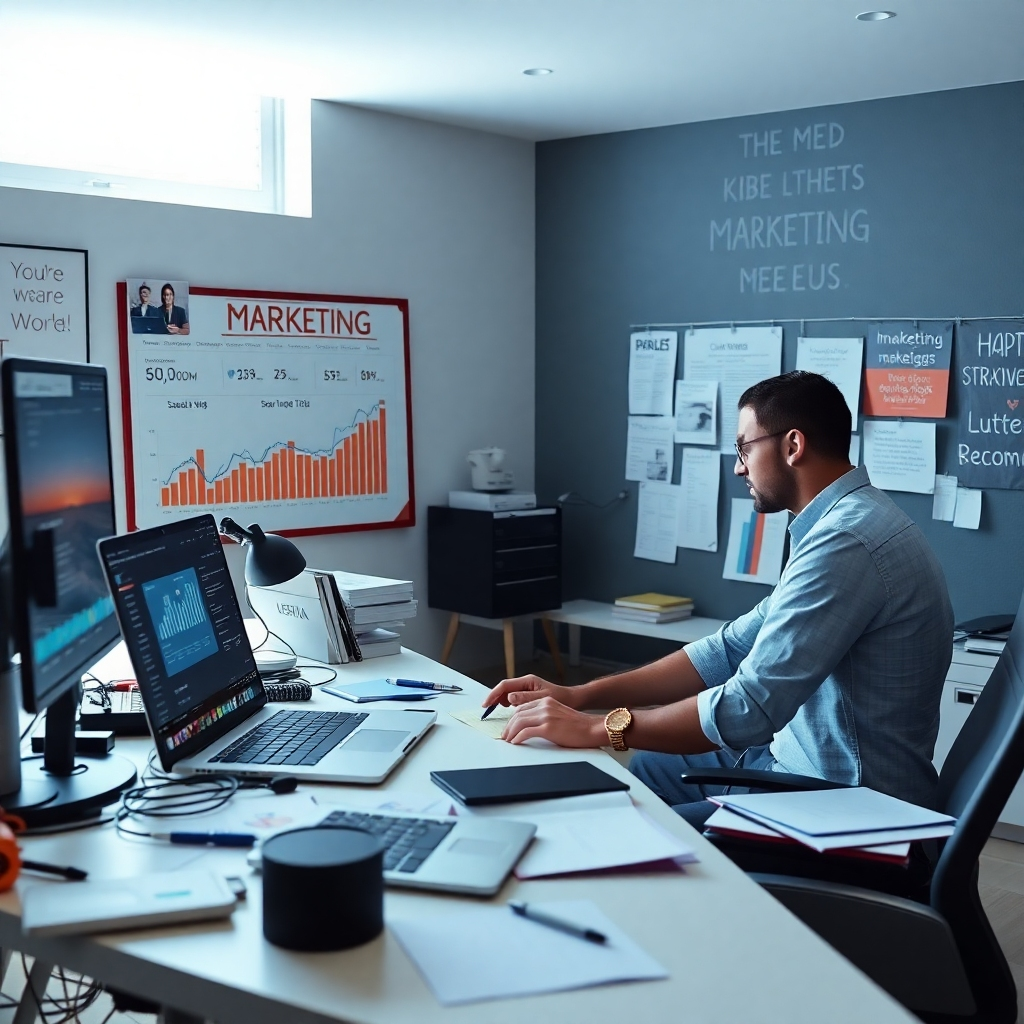 A digital marketing workspace showcasing a marketing specialist at work. The desk is cluttered with marketing tools, a laptop with social media statistics on display, and a vision board with strategies pinned up. The room is modern, with inspirational quotes adorning the walls.
