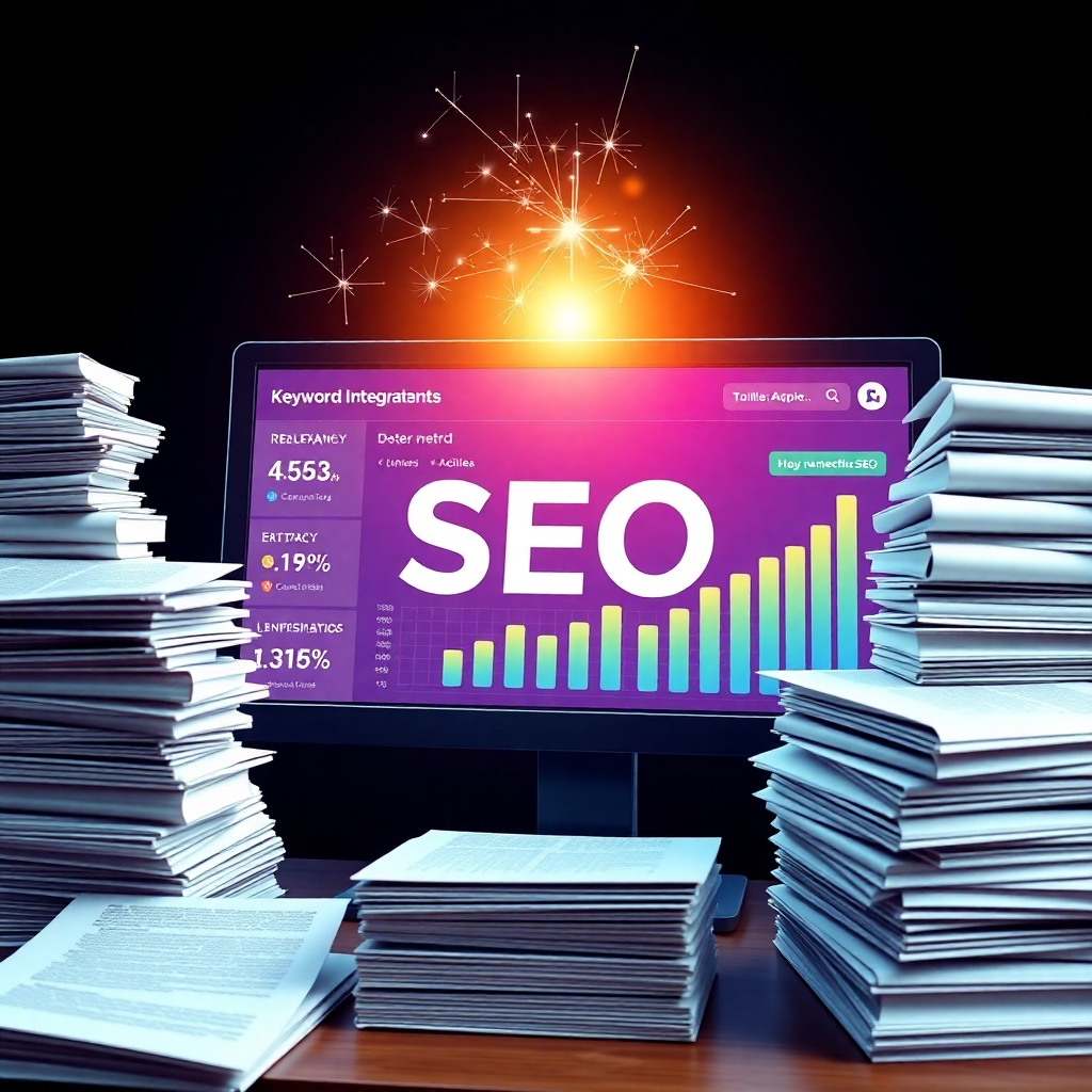 A digital representation of an SEO dashboard focused on relevancy and keyword integration, surrounded by stacks of informative articles. The colors are balanced, combining professional tones with sparks of color to signify success. The light focuses on key metrics, visually illustrating the art of SEO in a sleek and high-quality format.