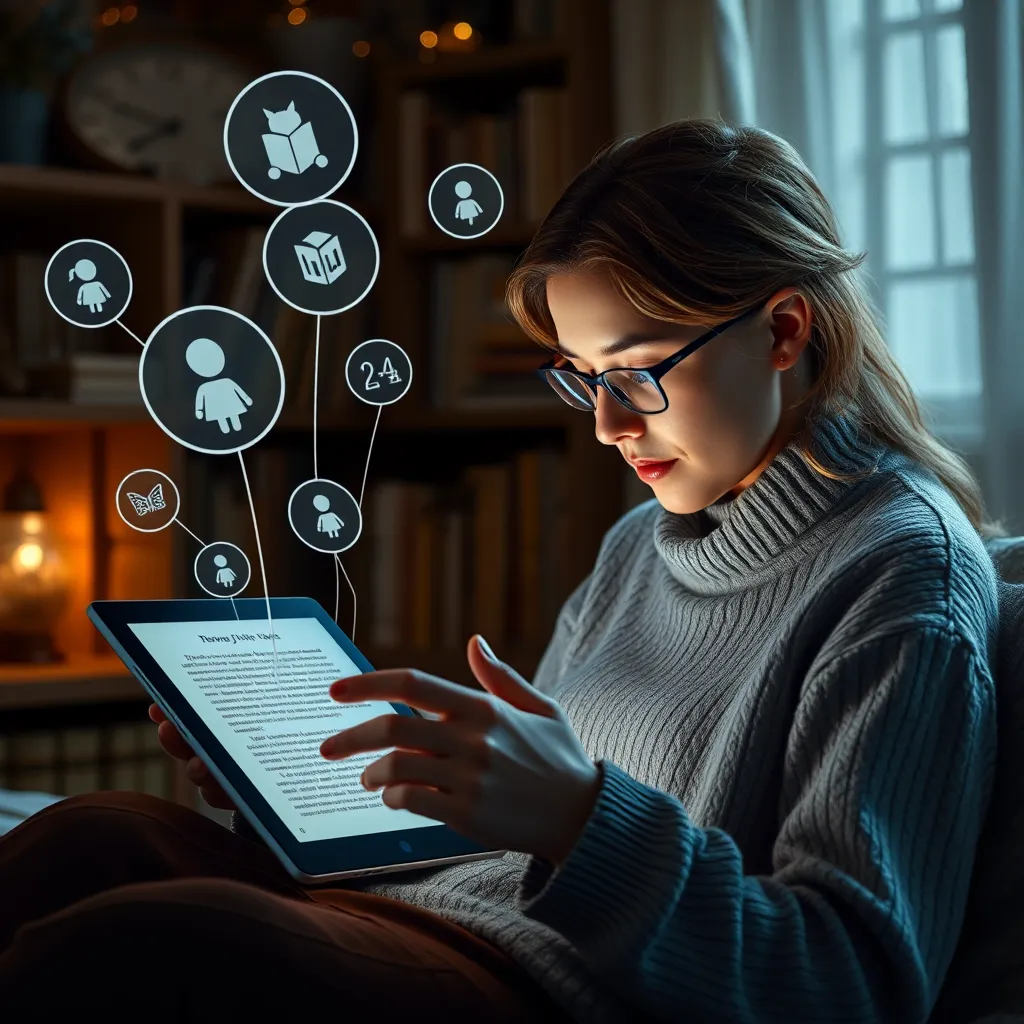 A digital scene showing a reader engaged with a personalized interactive book on a tablet, with floating icons representing different pathways and choices. The background should depict a cozy reading nook, enhancing the personal and inviting atmosphere.