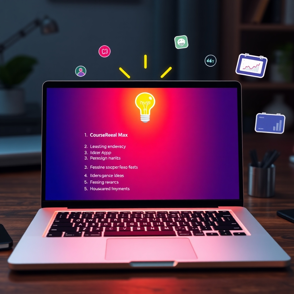 A digital workspace with a laptop displaying a vibrant interface of CourseReelAI Max, showcasing a list of keywords being typed in, surrounded by visual elements like a light bulb representing ideas, engaging graphs, and audience interaction icons floating around.