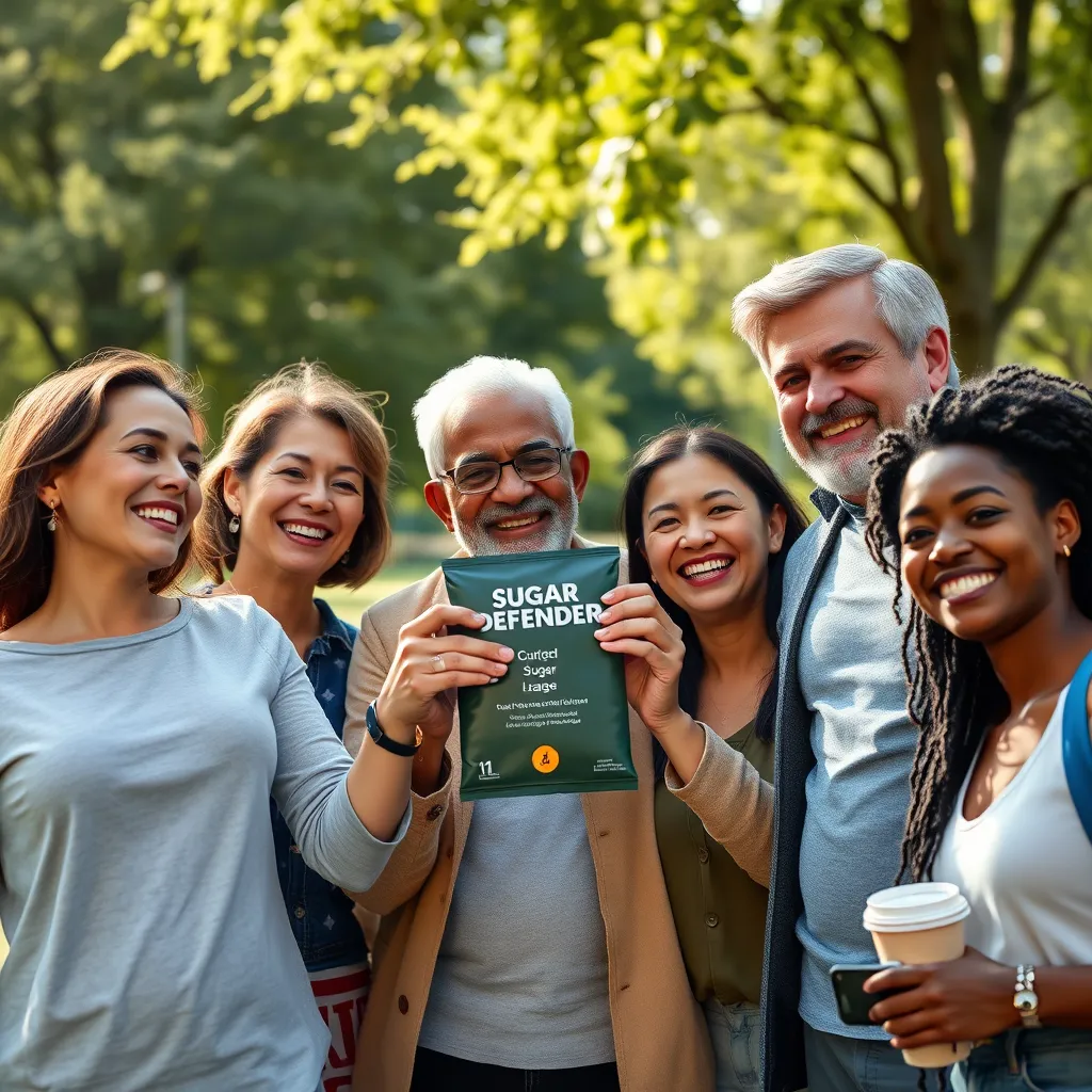 A diverse group of happy, healthy people of different ages and ethnicities holding or using Sugar Defender product. They should be outdoors in a sunny park, smiling and showing camaraderie.