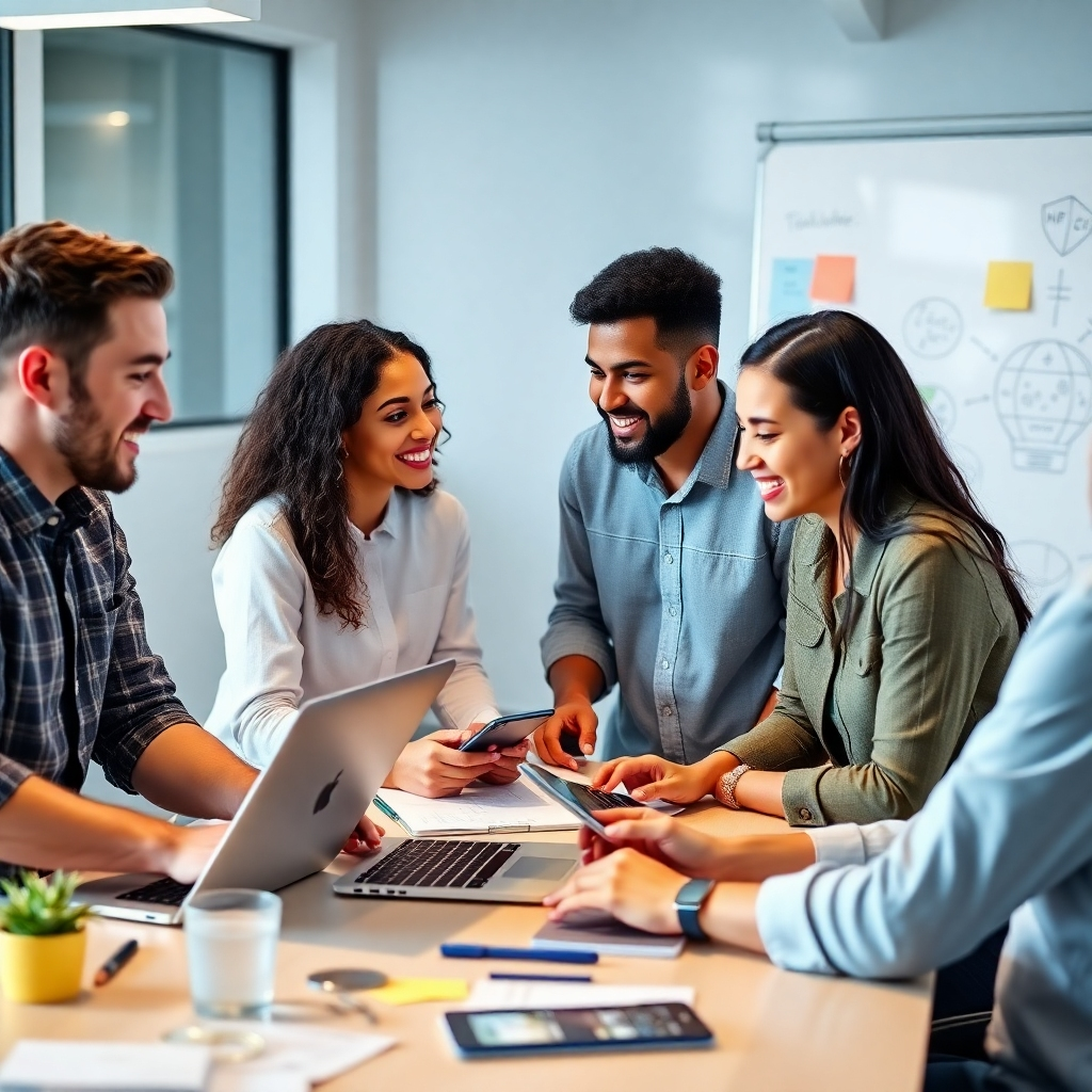 A diverse group of people working together in a bright, modern workspace, with an emphasis on collaboration and creativity. They are using laptops and digital devices, showcasing a user-friendly interface of a no-code app development platform. There are elements of brainstorming on a whiteboard, sticky notes, and sketches, reflecting innovation and teamwork.