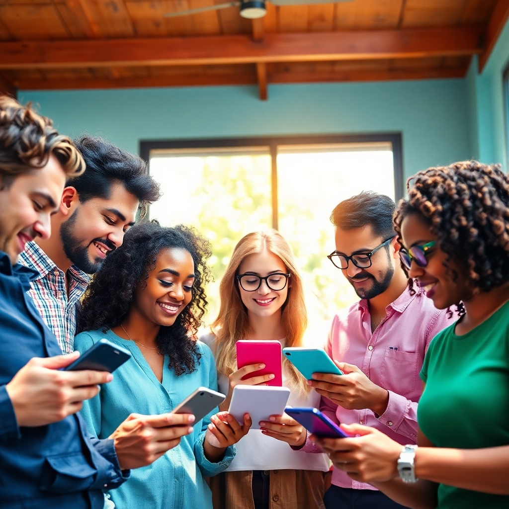 A diverse group of writers of various backgrounds, all connecting with their devices engaged with Articalize AI. The setting is vibrant, full of color, showcasing the enthusiasm about writing. Each person exhibits a unique style and interaction with the app, with bright sunlight flooding the scene, representing hope and potential in the writing journey, captured in a high-resolution image.