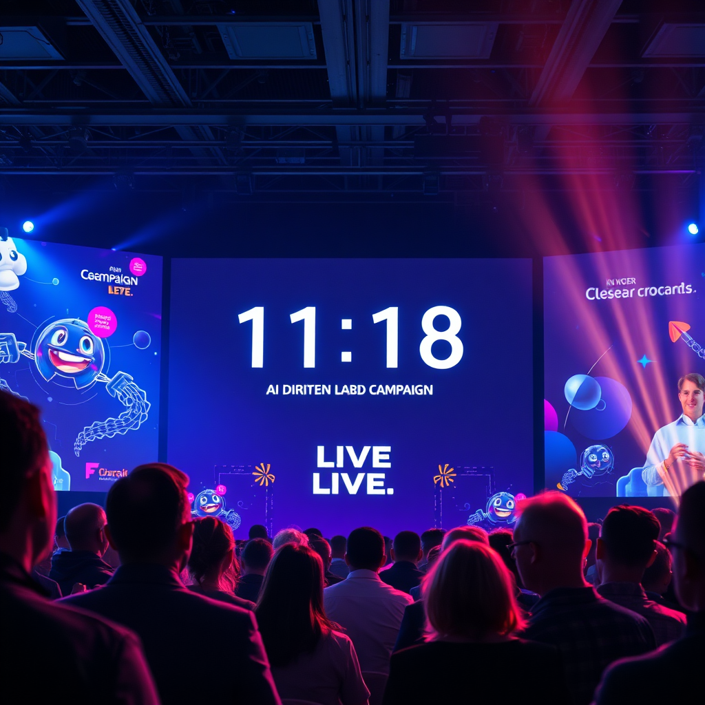 A dramatic image of a business launch event showcasing a countdown timer on a large screen, signaling the live deployment of an AI-driven campaign. The environment is filled with anticipation and excitement, illuminated by vibrant lights. The camera angle captures the expression of stakeholders watching in awe as they witness the campaign go live. The background displays digital creations and animated visuals reflecting the campaign's theme. The photo should be high quality and stylized to convey work in progress and liveliness.